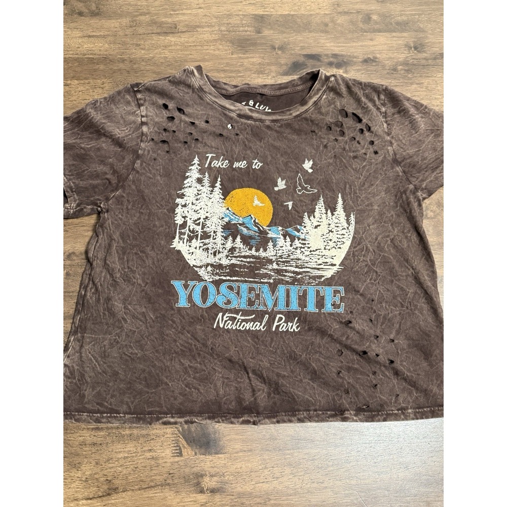 HRT & LUV Crop T-shirt Yosemite Park  Distressed Washed Look Gorp Core Large